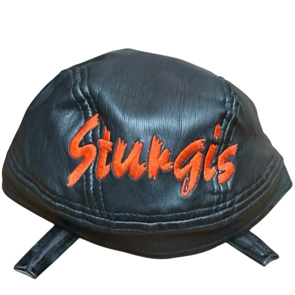 Black Sturgis Faux Leather Tie Back Biker Cap - Adjustable Fit - Picture 7 of 7